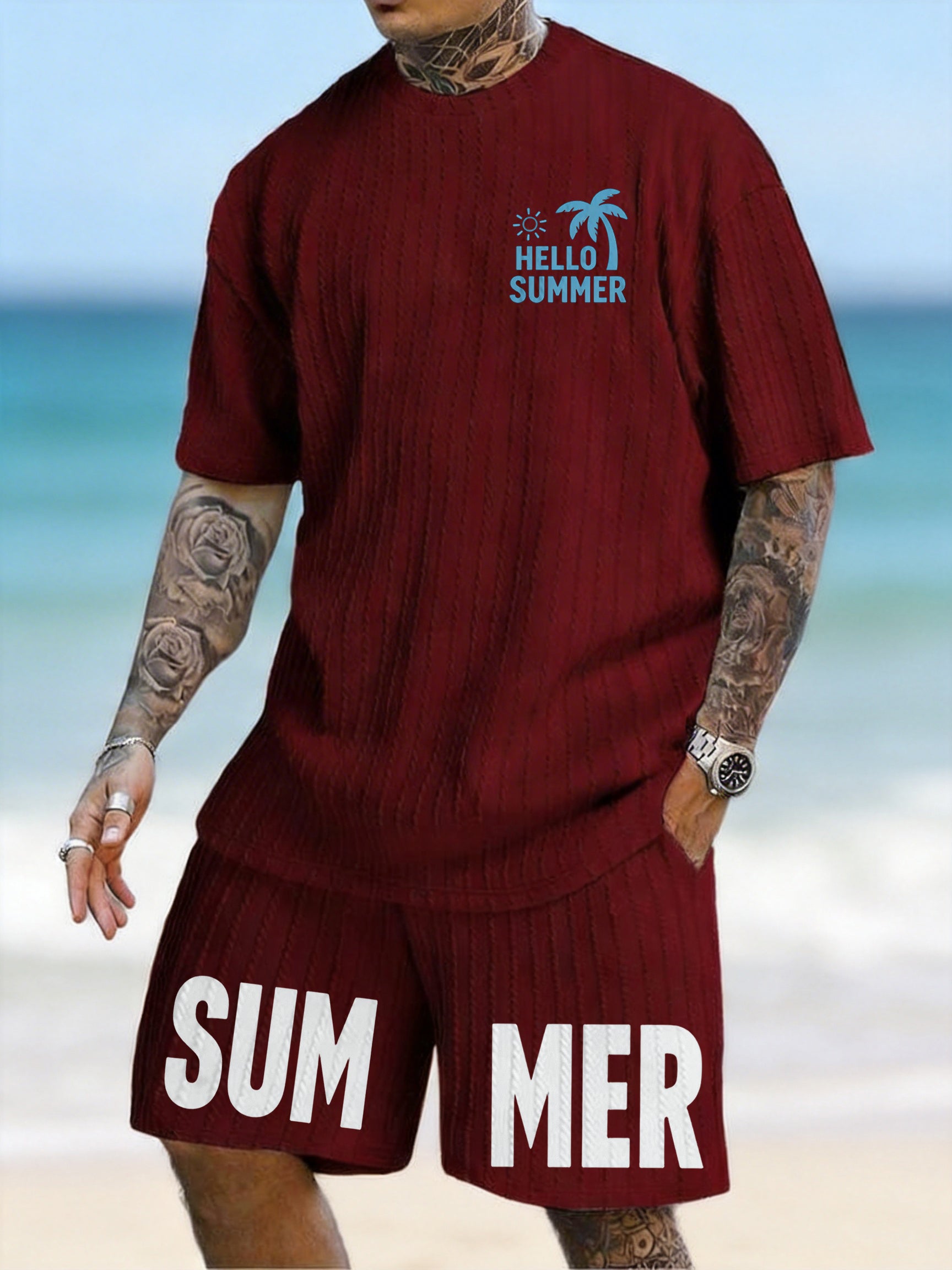 "Hello Summer" Coconut Sun Print Texture Large Size Sports Suit