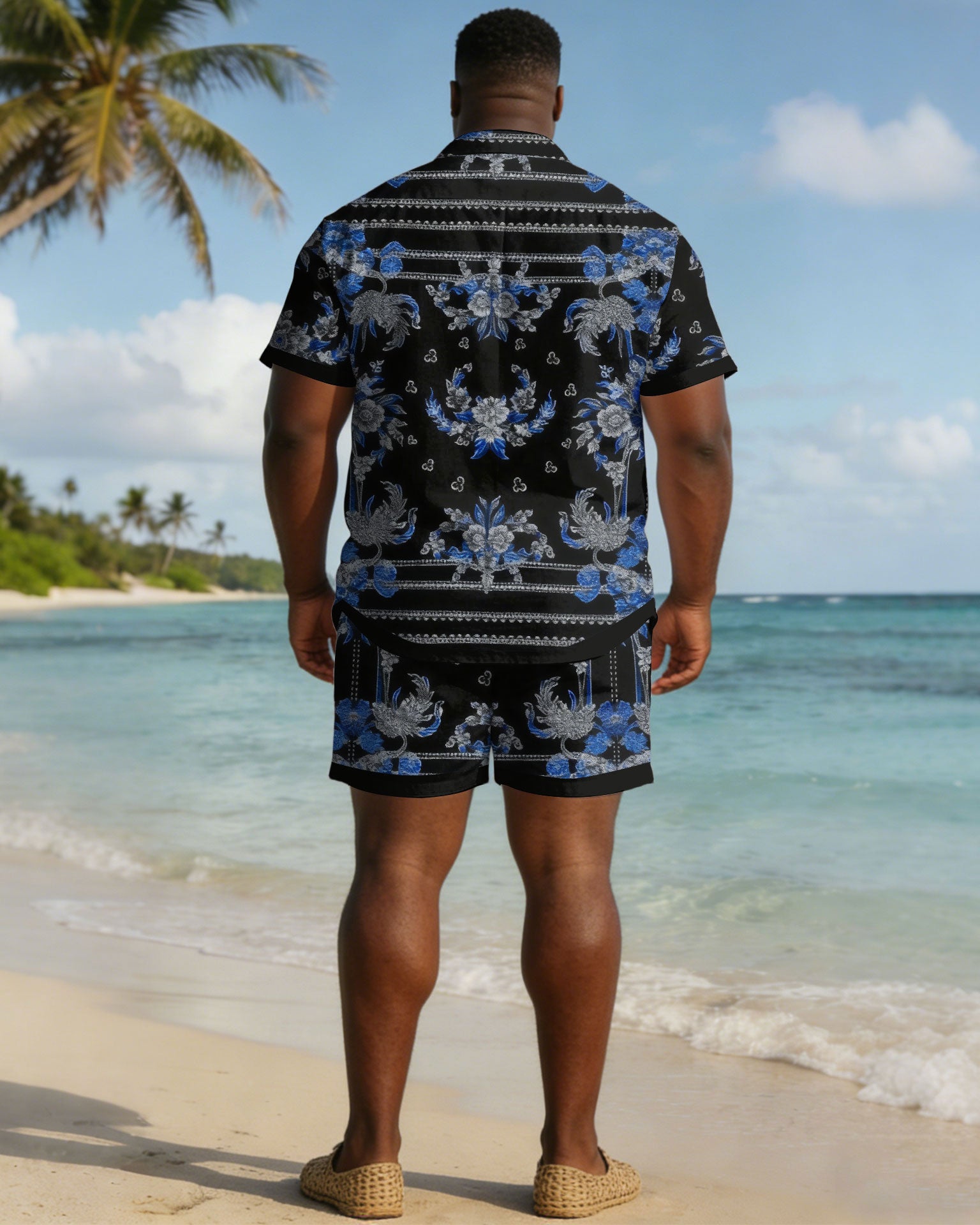 Men's Plus Size Black Pellis Pattern Print Short Sleeve Shirt Shorts Set