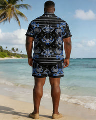 Men's Plus Size Black Pellis Pattern Print Short Sleeve Shirt Shorts Set