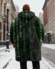 Big & Tall Men's Black Green Egyptian Hieroglyphic Printed Velvet Thickened Long Hooded Coat