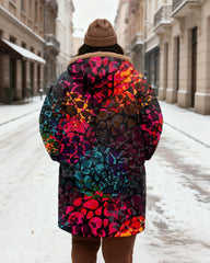 Women's Colorful Abstract Geometric Print Velvet Thickened Long Hooded Coat