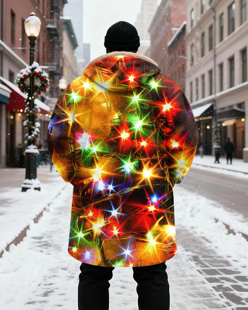 Big & Tall Men's Color Starlight Gradient Printed Velvet Thickened Long Hooded Coat