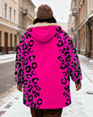 Women's Pink Black Leopard Print Snowflake Print Velvet Thick Long Hooded Coat