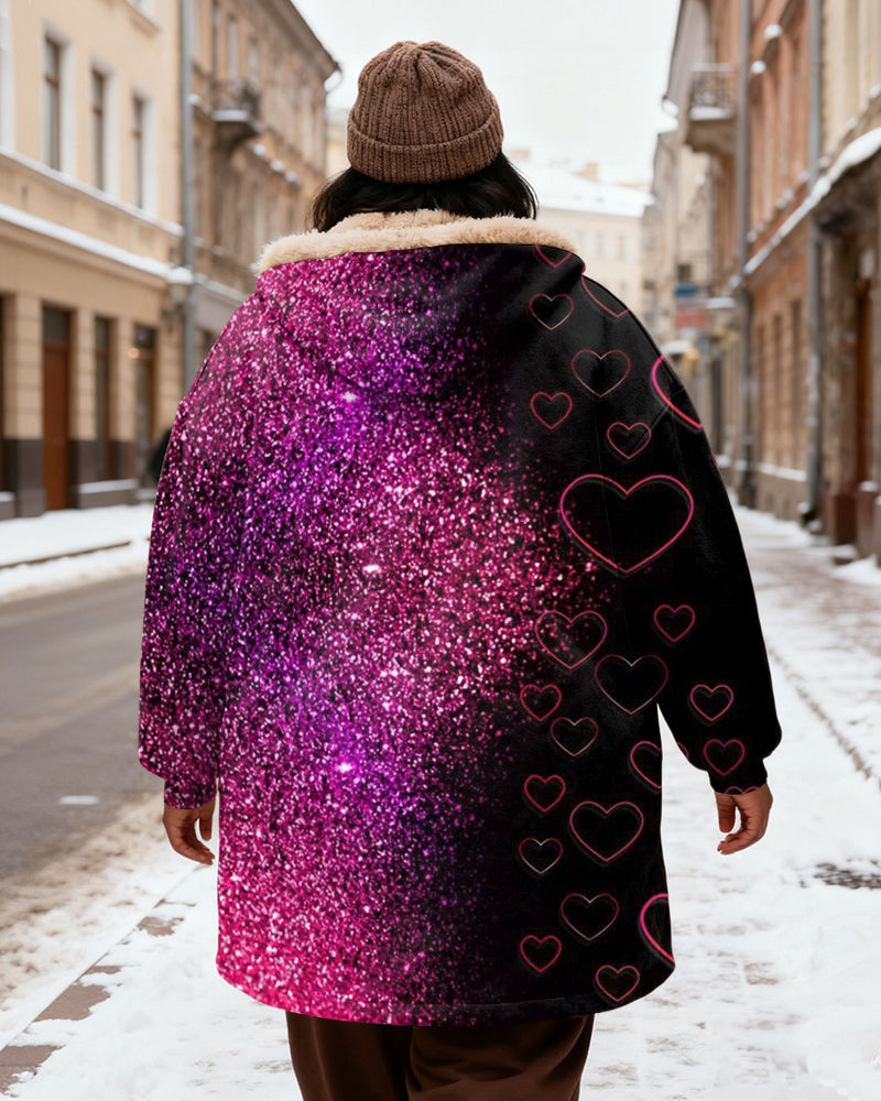 Women's Pink Black Contrast Love Sequins Stitching Printed Velvet Thickened Long Hooded Coat