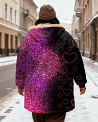 Women's Pink Black Contrast Love Sequins Stitching Printed Velvet Thickened Long Hooded Coat