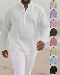 Big & Tall Men's Everyday Solid Color Bamboo Hemp Texture Henry Collar Long Sleeve Shirt