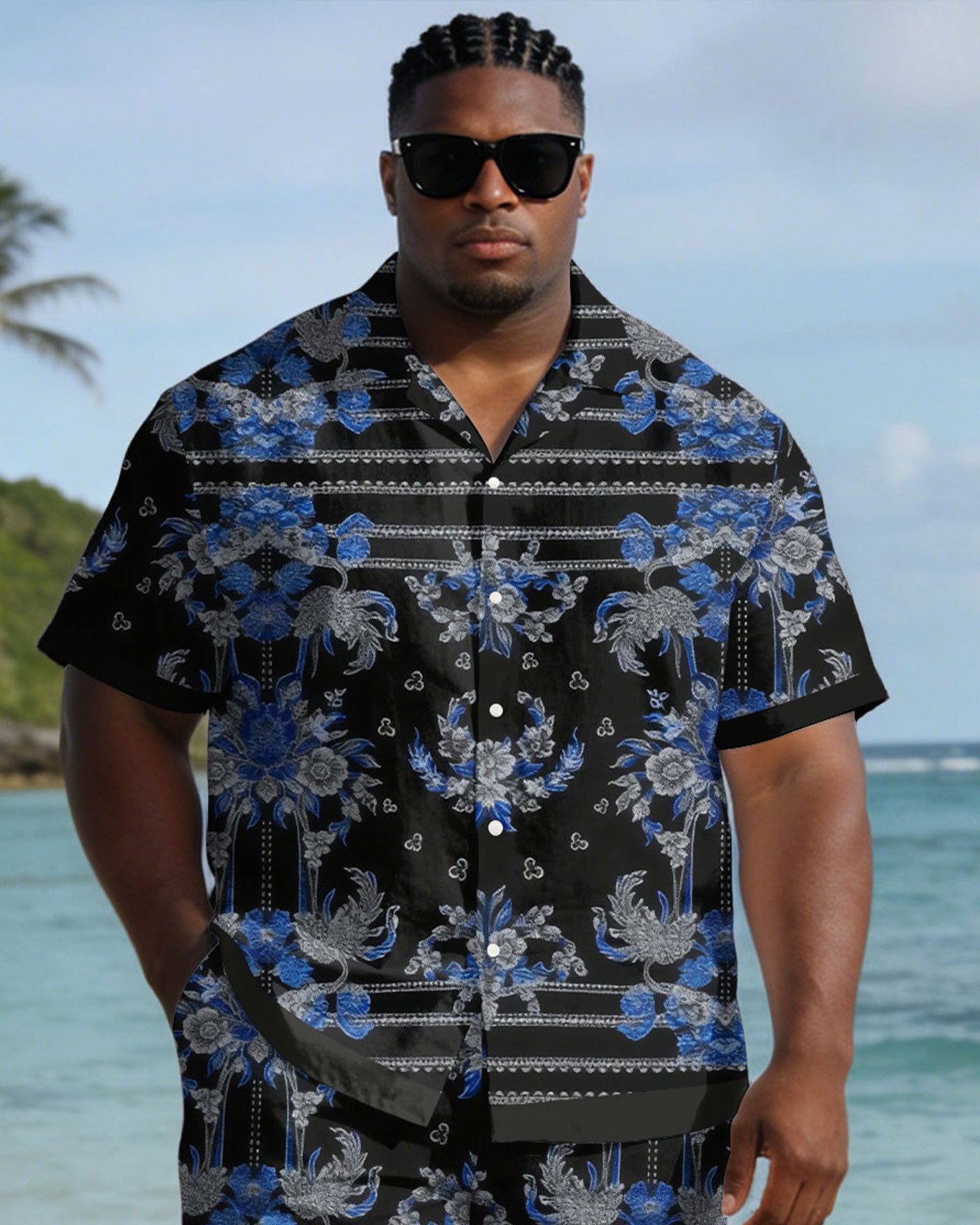 Men's Plus Size Black Pellis Pattern Print Short Sleeve Shirt Shorts Set