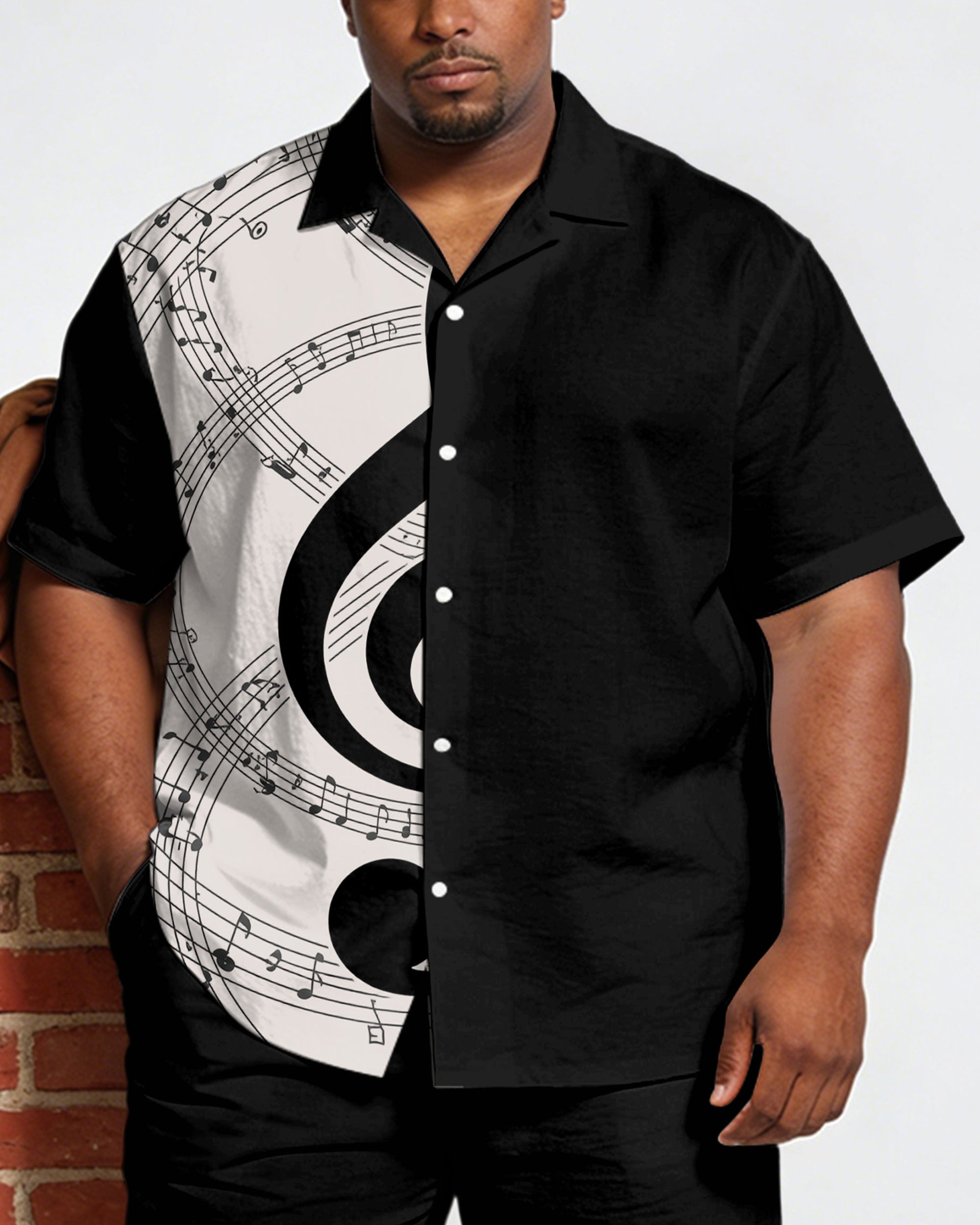Big & Tall Men's Music Black Patchwork White Printed Short Sleeve Shirt Shorts Set