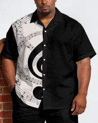 Big & Tall Men's Music Black Patchwork White Printed Short Sleeve Shirt Shorts Set