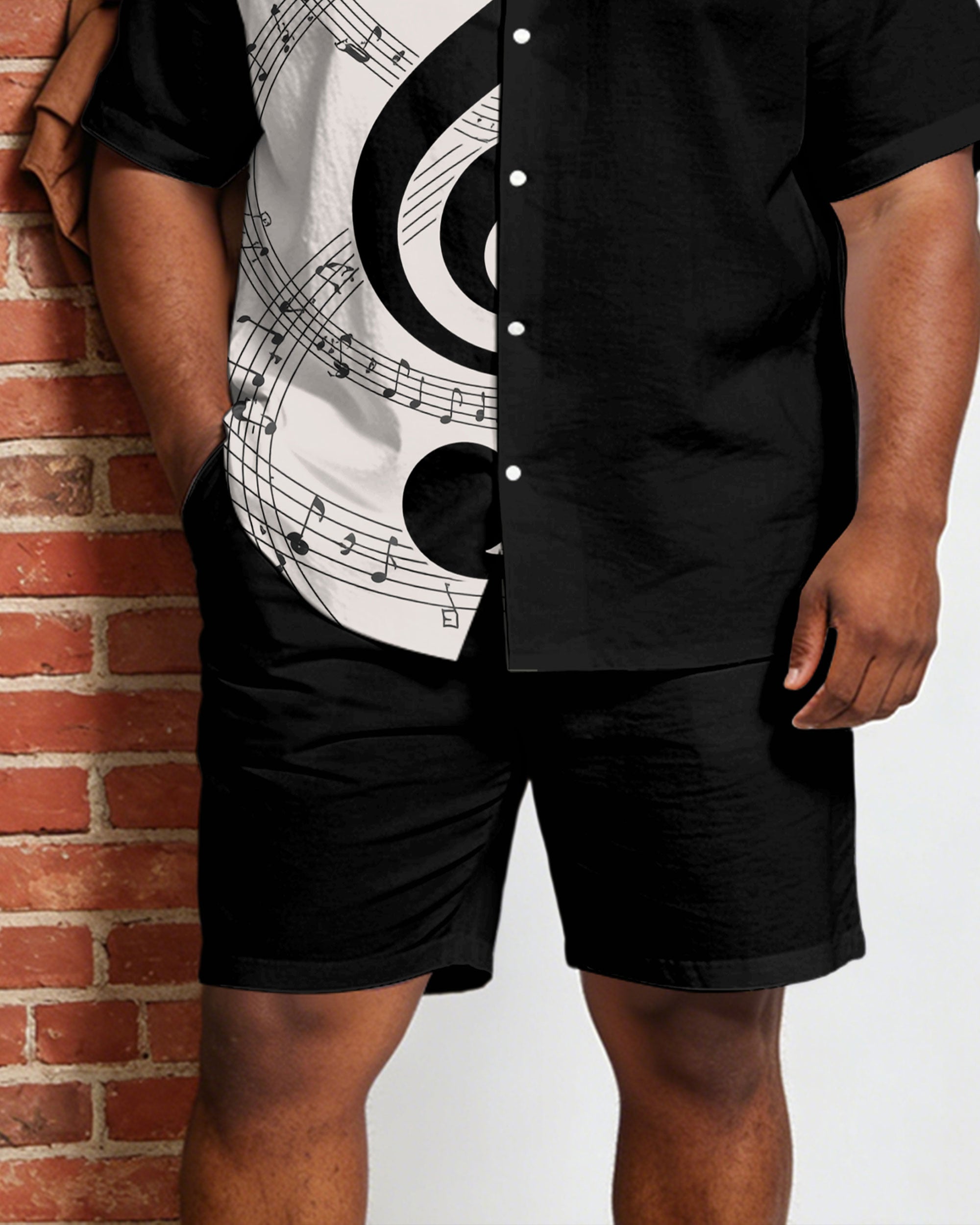Big & Tall Men's Music Black Patchwork White Printed Short Sleeve Shirt Shorts Set