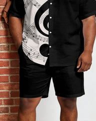 Big & Tall Men's Music Black Patchwork White Printed Short Sleeve Shirt Shorts Set