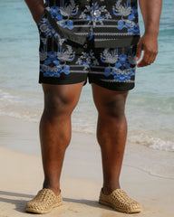 Men's Plus Size Black Pellis Pattern Print Short Sleeve Shirt Shorts Set