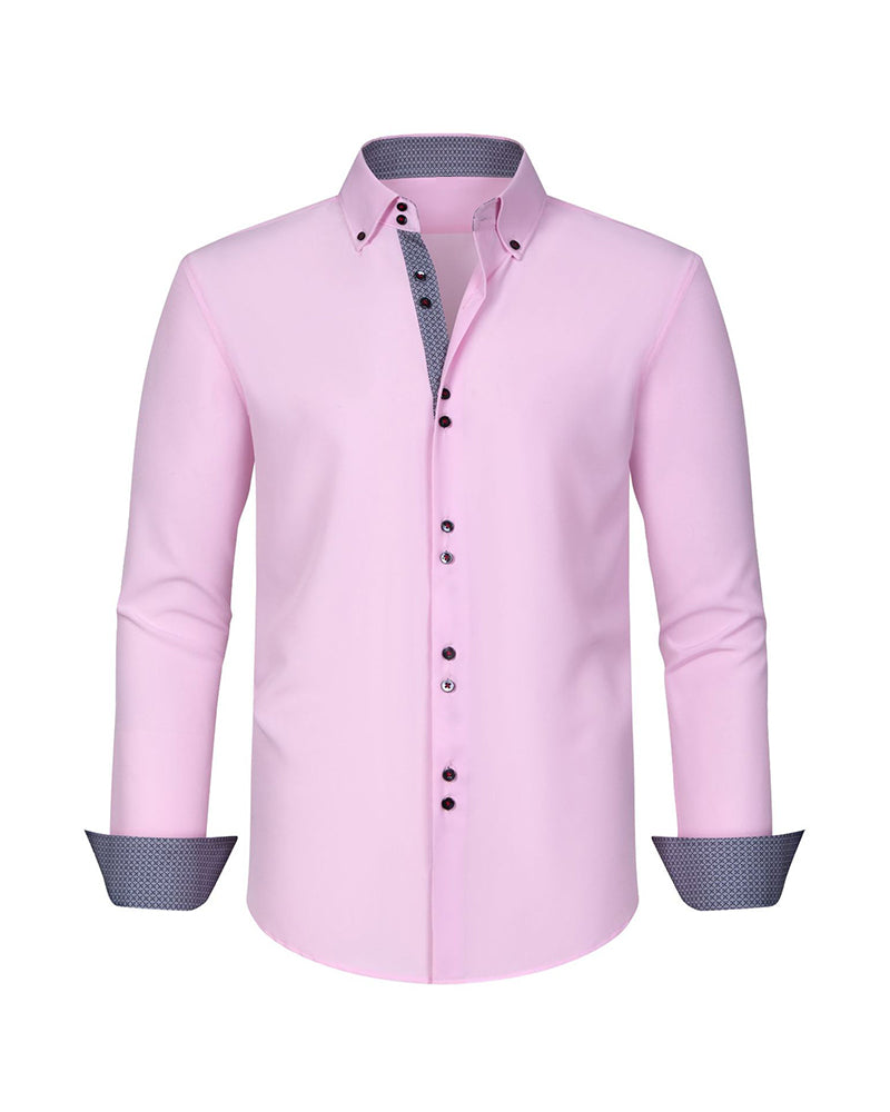 XS-3XL Business Casual Long Sleeve Stretch Double-breasted Colorblock Shirt-Ironing Free