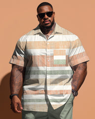 Men's Big & Tall Simple Stripe Patchwork Printed Pocket Short Sleeve Shirt Shorts Set