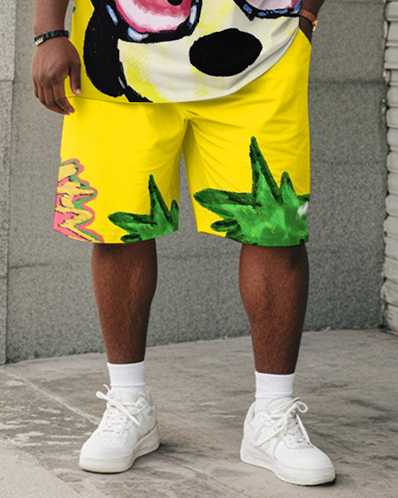 Big & Tall Men's Yellow Cartoon Dog Graffiti Print Round Neck Short Sleeve T-Shirt Shorts Suit
