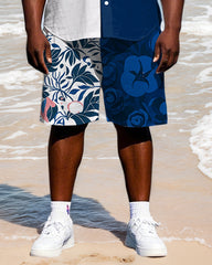 Big Men's Fashion Color Block Splicing Abstract Leaves & Floral Printed Short Sleeve Shirt Shorts Set