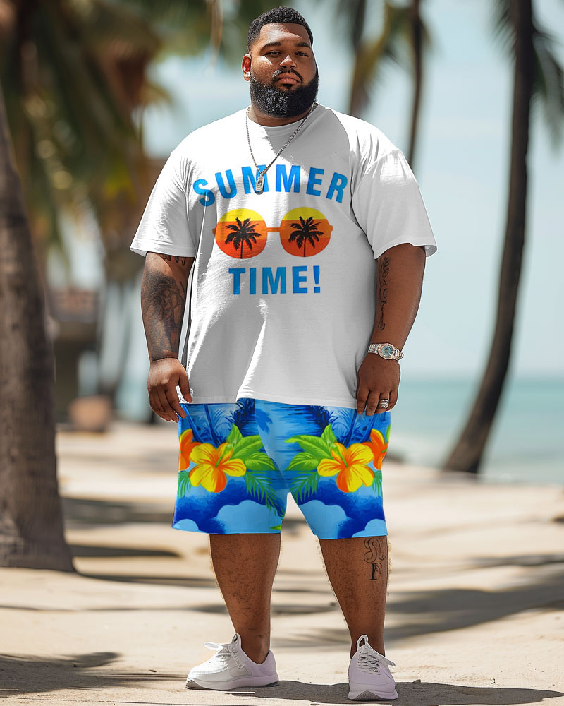 Men's Plus Size Hawaiian Glasses Floral Print T-Shirt Shorts Set