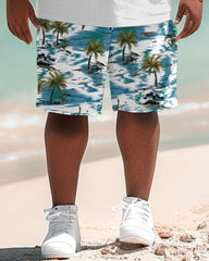 Hawaiian Coconut Tree Alphabet Print Shorts Men's Big & Tall Set
