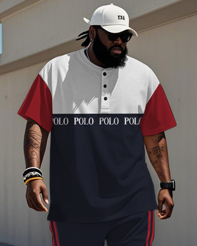Men's Plus Size Blue And Red Color-block Alphabet Print Henry Collar T-shirt Trousers Suit