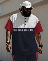 Men's Plus Size Blue And Red Color-block Alphabet Print Henry Collar T-shirt Trousers Suit