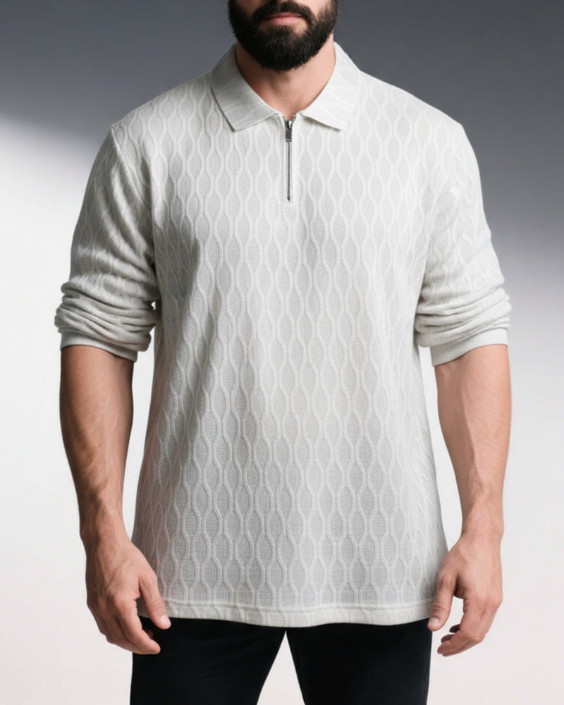 Big & Tall Men's White-Autumn And Winter Jacquard Texture Knitted Fabric Metal Zipper Long Sleeve POLO Shirt
