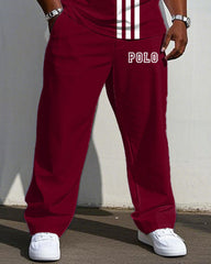 Men's Plus Size Casual Wine Red Color-block Line Chest Small Label Printed Short-sleeved T-shirt Trousers Suit
