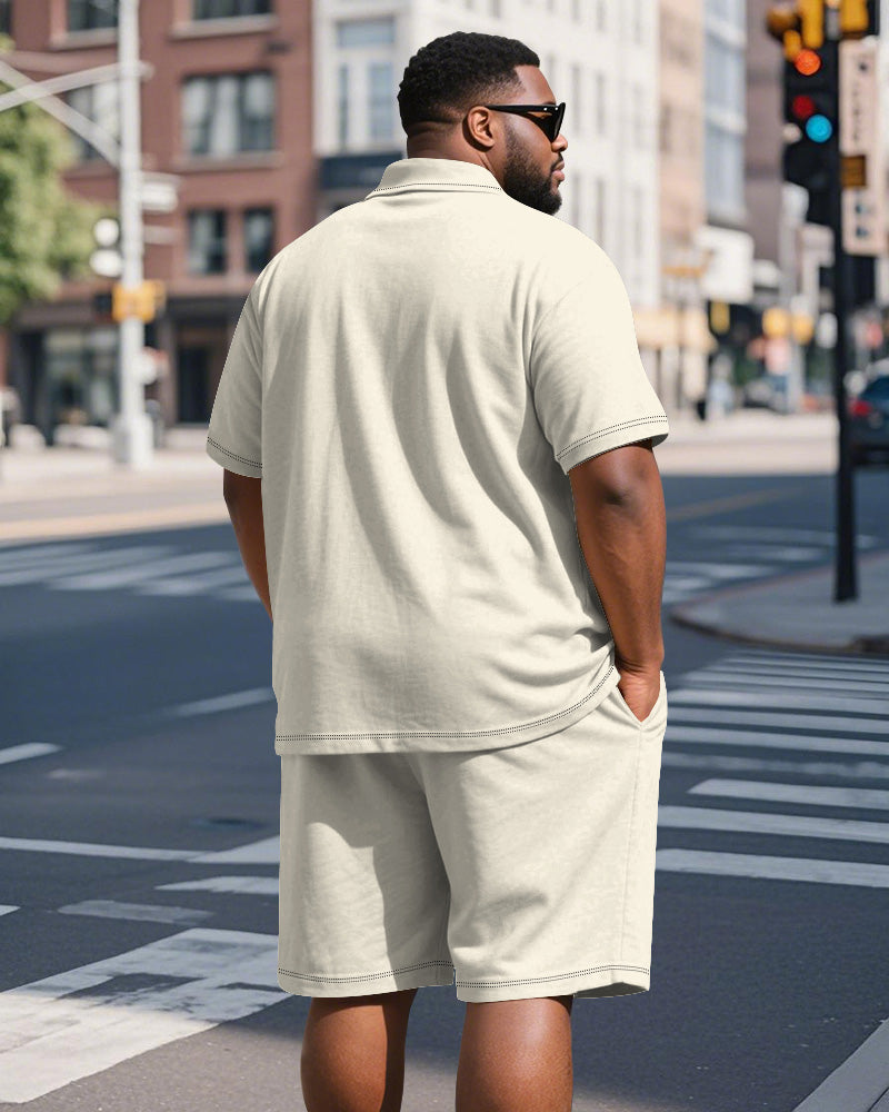 Big & Tall Men's Business Apricot Colorblock Striped Cross Print Short Sleeve Polo Shirt Shorts Suit