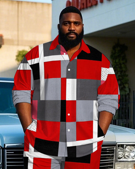 Men's Daily Casual Classic Big Plaid All Over Printed Big & Tall Long Sleeve Shirt Pants Set