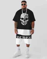 Skull Letter Patchwork Design Printed T-Shirt Shorts Suit Men's Plus Size
