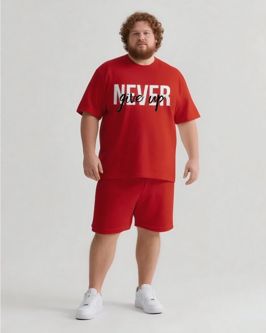 Never Give Up On Yourself Men's Big and Tall Simple Lettering Short Sleeve T-shirt Shorts Set