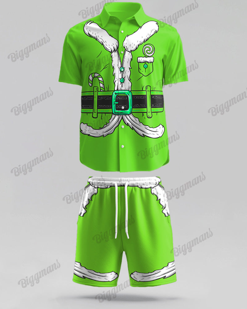 Men's Big & Tall Christmas Green Santa Cosplay Printed Short Sleeve Shirt Shorts Set