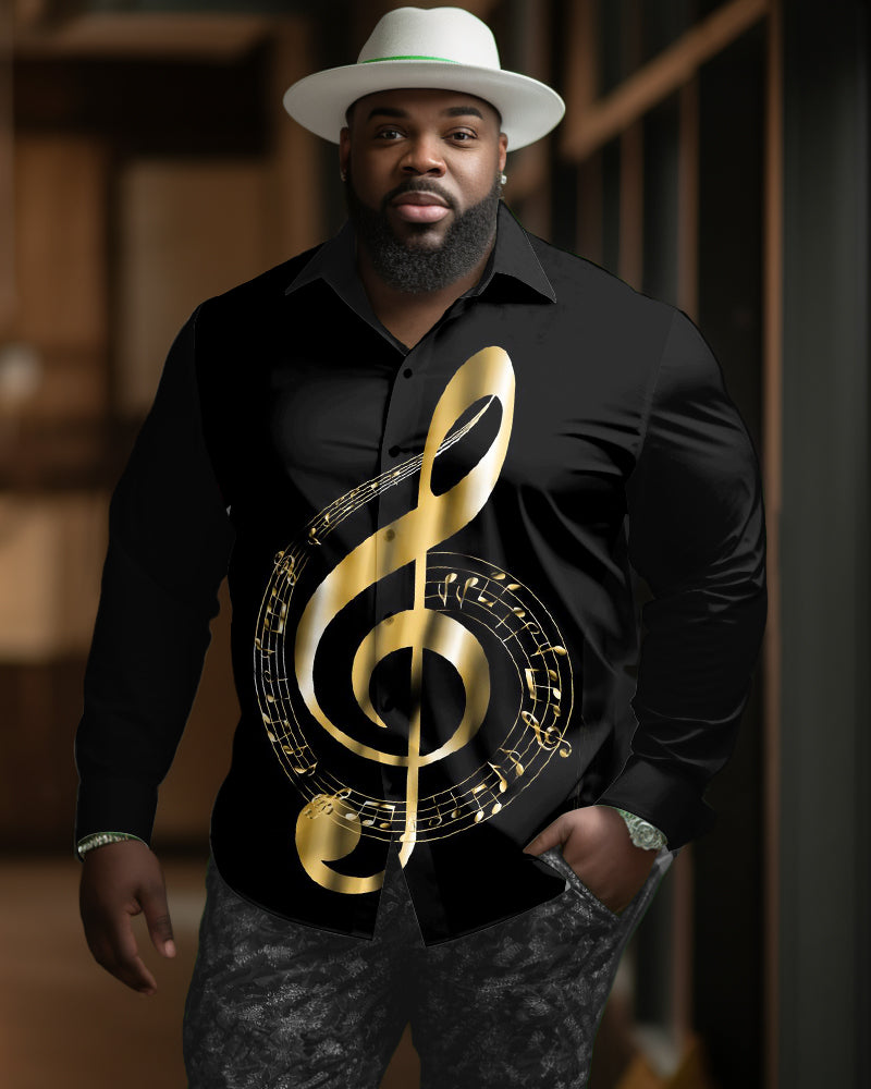 Big Men's Fashion Golden Fun Music Symbols Pattern Printing Lapel Long Sleeve Shirt