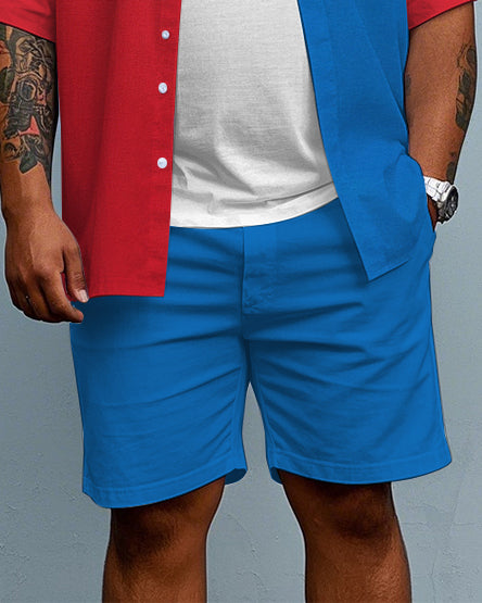 Big Guy's Modern Fashion POLO Letter & Red Color Block Printed Short Sleeve Shirt Shorts Set