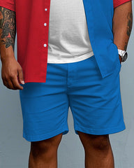 Big Guy's Modern Fashion POLO Letter & Red Color Block Printed Short Sleeve Shirt Shorts Set