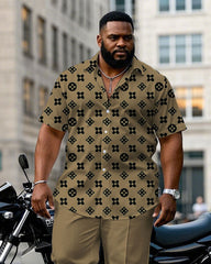Men's Plus Size Khaki Big Brand Pattern Printed Short-sleeved Shirt Trousers Suit