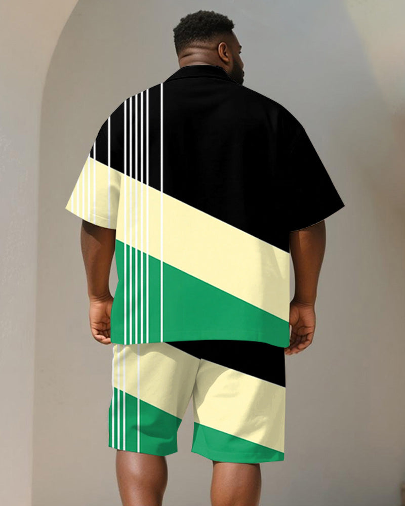 Men's Plus Size Casual Business Black Green Geometric Striped Print Shirt Shorts Suit