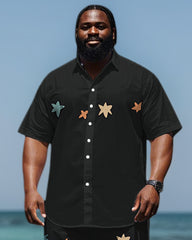 Big Men's Street Fashion Splicing Color Block Starts Printed Short Sleeve Shirt Shorts Set