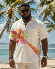 Big & Tall Men's Hawaiian Vacation Apricot Coconut Print Pocket Shirt Shorts Suit