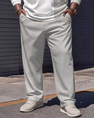 Men's Simple Light Gray Contrast Stripe Print Polo Shirt Zipper Pants Suit