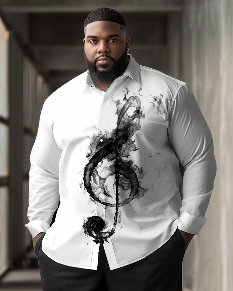 Big Guy's Casual Simple Ink Music Symbols Print Lapel Long Sleeve Shirt