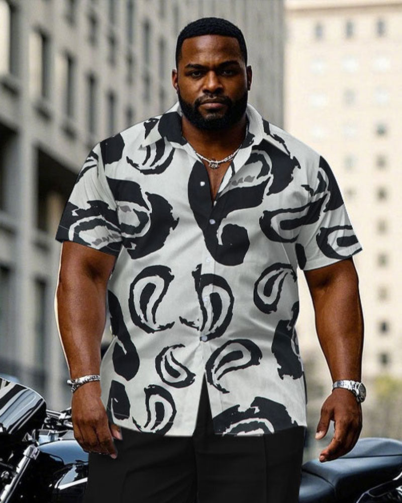 Men's Plus Size Abstract Paisley Quartet Continuous Pattern Short Sleeve Shirt Trousers Suit