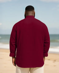 Big & Tall Men's Daily Solid Color Bamboo Hemp Texture Stand Collar Long Sleeve Shirt