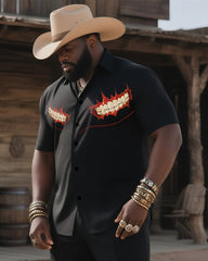 Big & Tall Men's Western Style Casual Teeth Mouth Print-Black Short Sleeve Shirt Pants Suit