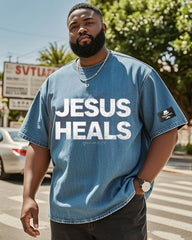 Big & Tall Men's Street Fashion JESUS HEALS Hot Stamping-Washed Denim Short Sleeve T-Shirt
