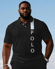 Men's large size Black Signature Shoulder Simple Print Short-sleeved polo shorts set