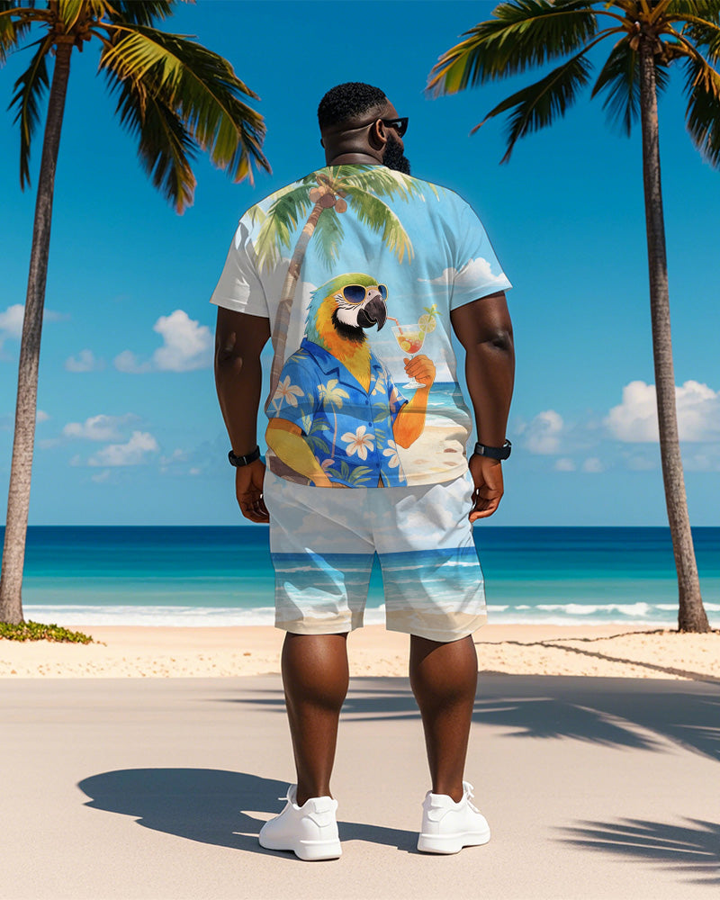 Men's Plus Size Hawaiian Blue Parrot Drinking Cocktail Print Short Sleeve T-Shirt Shorts Suit