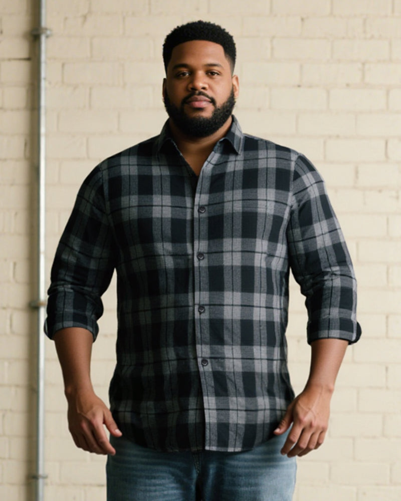 Big & Tall Men's Black-autumn/winter Commuter Plaid Flannel Fabric Long Sleeve Shirt