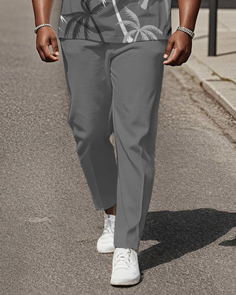 Men's Plus Size Grey Coconut Tree Print Henley Collar T-Shirt Trousers Suit