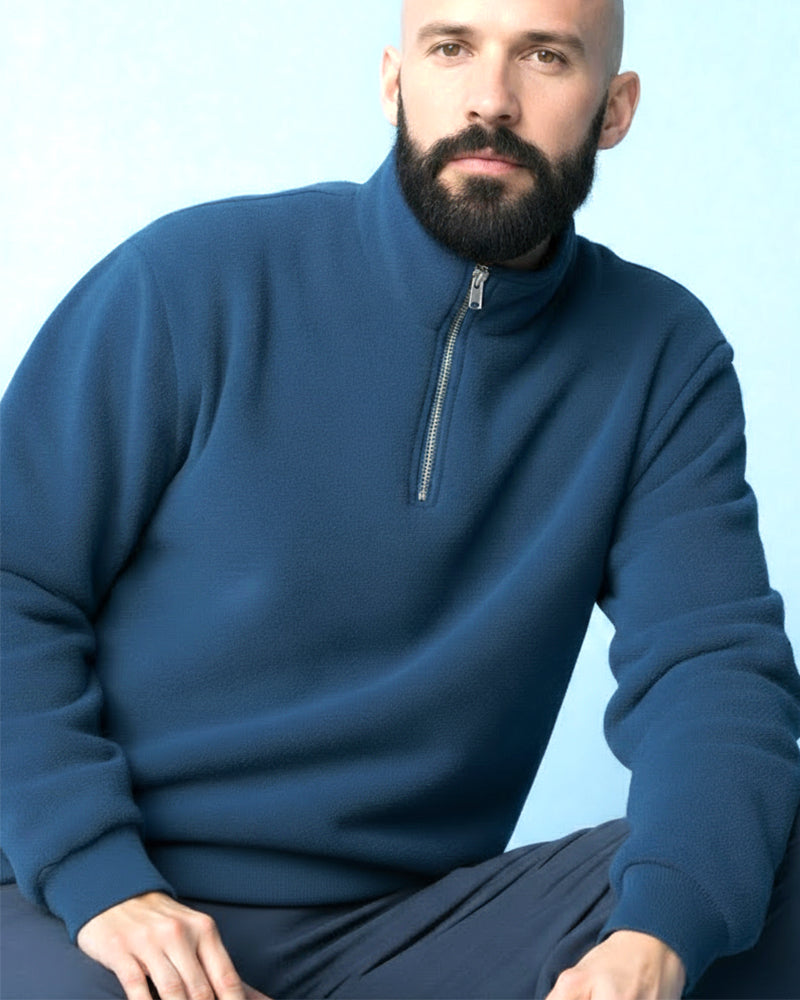 Big & Tall Men's Blue-Fall/Winter Solid Color Polar Fleece Fabric Metal Zipper Collar POLO Long Sleeve
