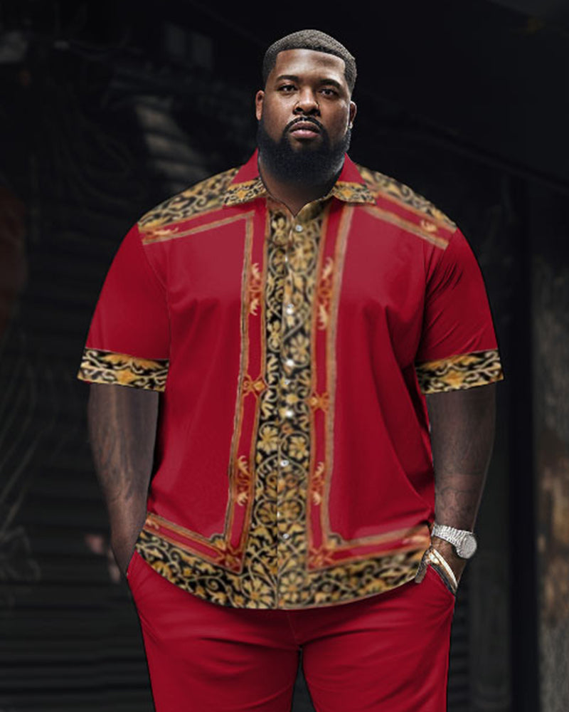 Men's Big & Tall Red Elegant Classic Geometric Short Sleeve Shirt Shorts Set